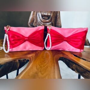 Chic Pink and Red Satin Clutch with detachable Faux Pearl/Gold wristlet